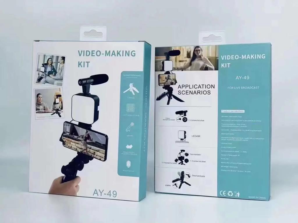 AY-49 Vlogging Kit with LED Light & Microphone