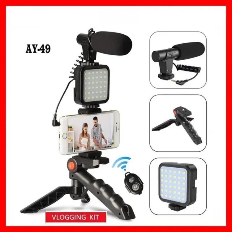AY-49 Vlogging Kit with LED Light & Microphone