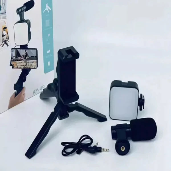 AY-49 Vlogging Kit with LED Light & Microphone