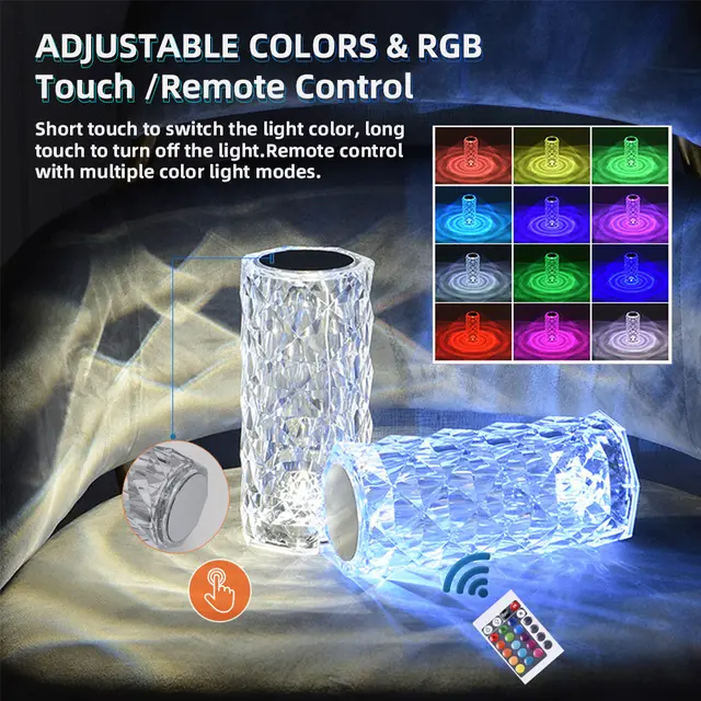 RGB Crystal Rose Diamond Table Lamp with Remote (16 Colors & Touch Control)