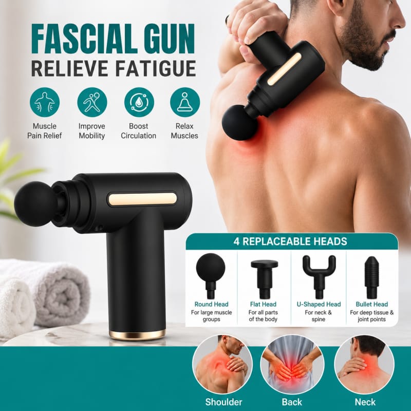 4-in-1 Rechargeable Massage Gun – 6 Speeds & 4 Massage Heads (Random Color)