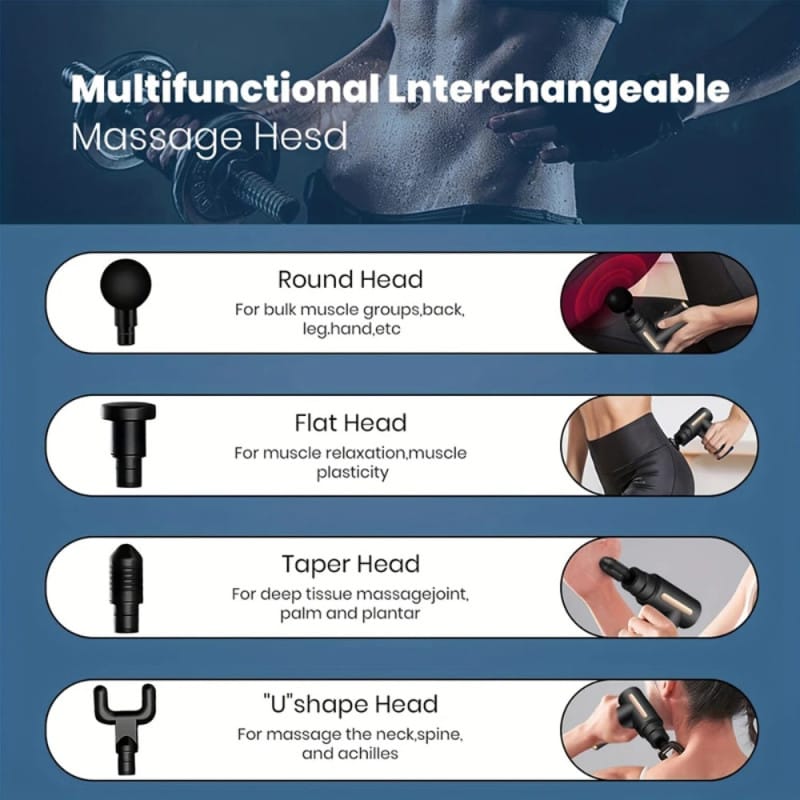 4-in-1 Rechargeable Massage Gun – 6 Speeds & 4 Massage Heads (Random Color)